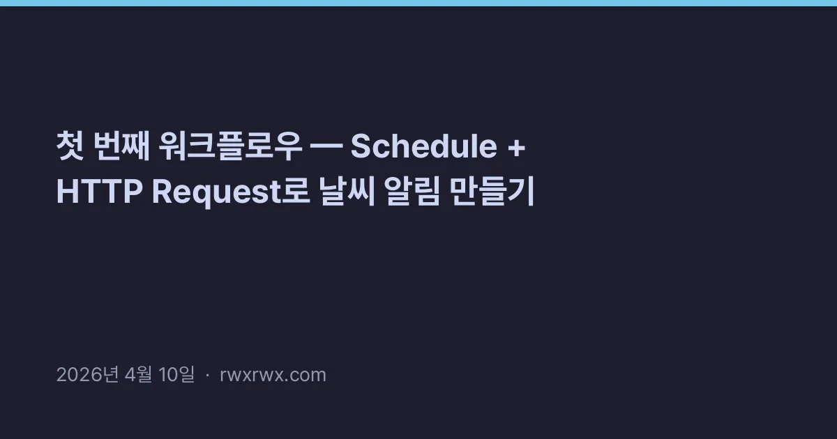 Thumbnail for 첫 번째 워크플로우 — Schedule + HTTP Request로 날씨 알림 만들기